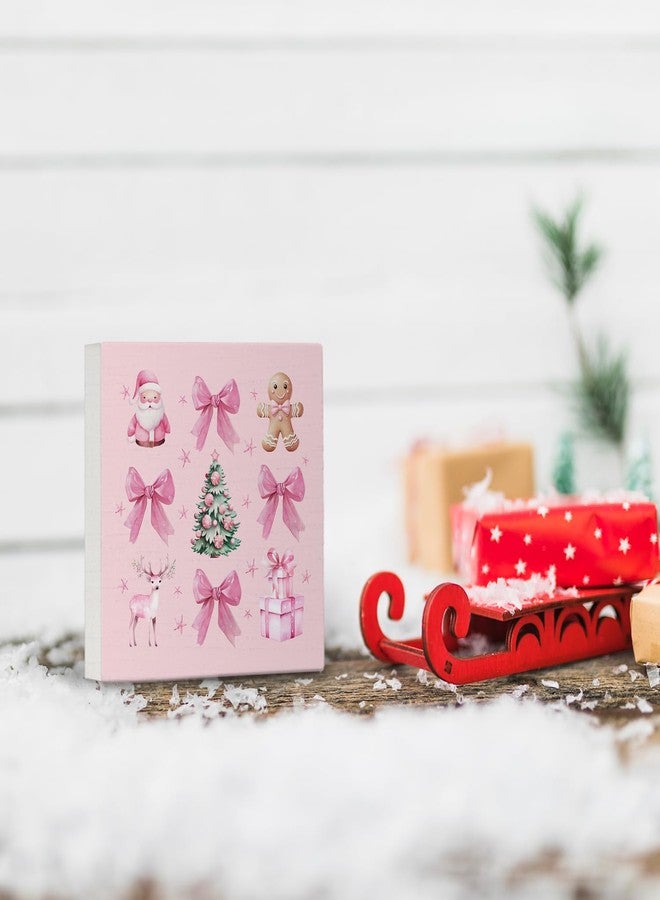 Nvotell Pink Coquette Christmas Sign, Wooden Box With Santa Tree and Bow, Cute Decor for Home Office Desk Table Tabletop Shelf, 5x5 Inch - Image 4